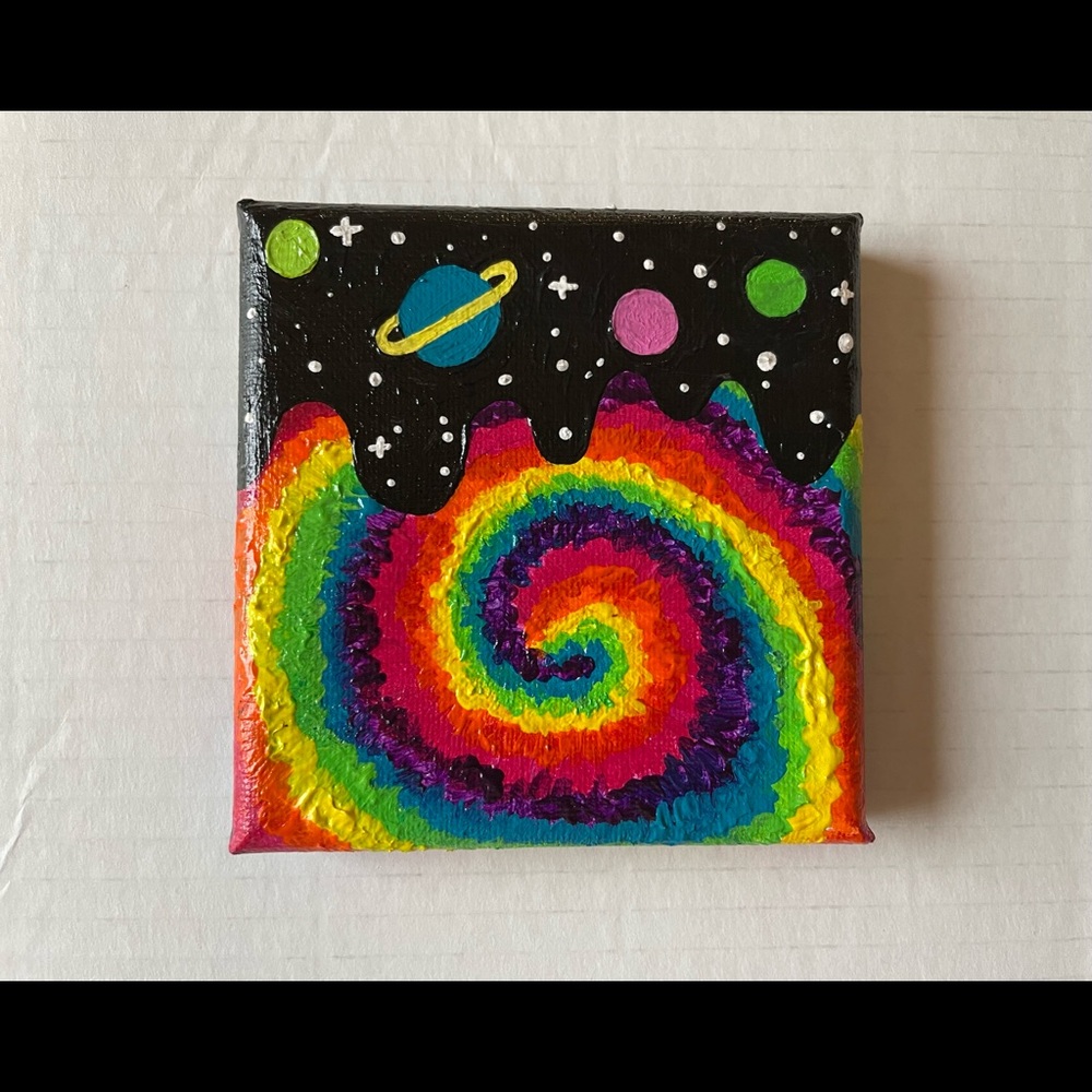 Trippy Tie Dye Outer Space Acrylic Painting Handmade Mini Canvas 4inx4in